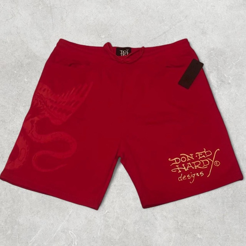 Ed Hardy Red Shorts with Gold Graphic
